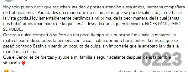 El posteo completo de la prima de la joven en Facebook.