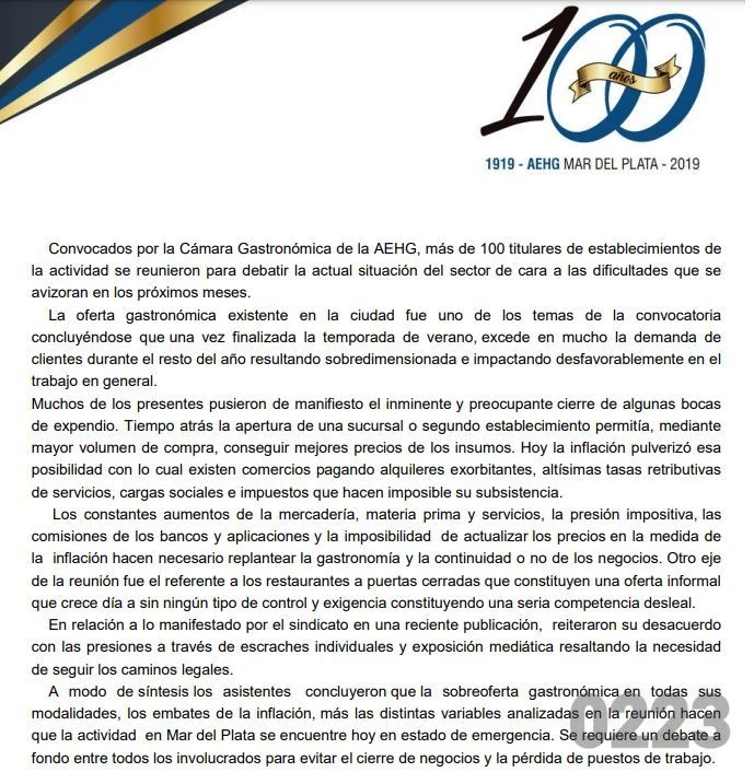 El comunicado de la Asociación Empresaria Hotelera Gastronómica.