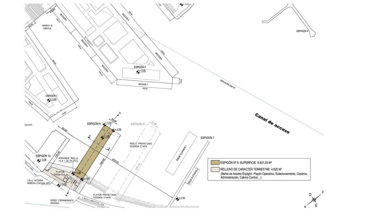 Espigón 9 y sector operativo ubicado entre el espigón 10 y el espigón 7 y dique flotante. 